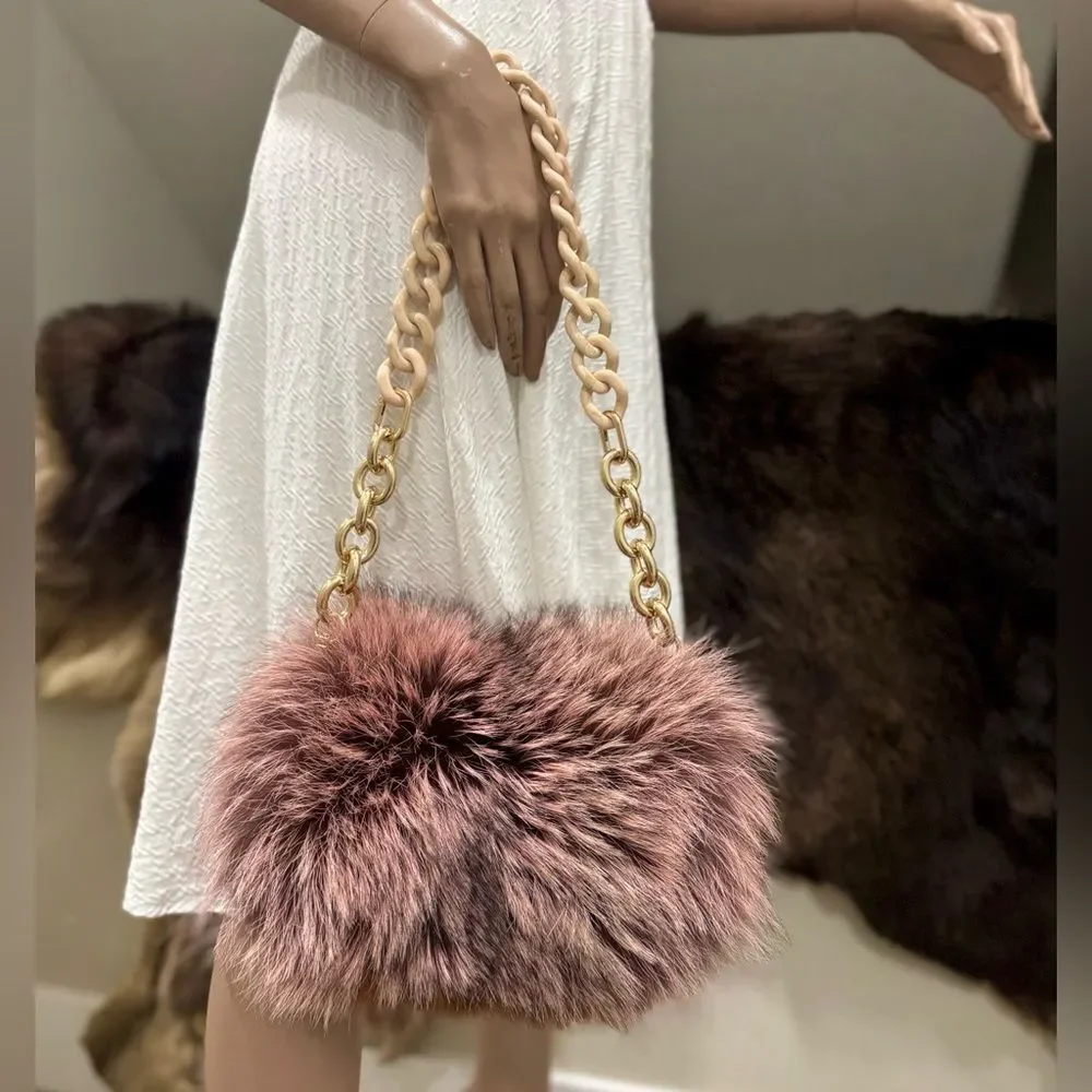 Handmade Real Mink Fur with Finn Raccoon Fur Foldover Flap Bag & 2 Strap Styles